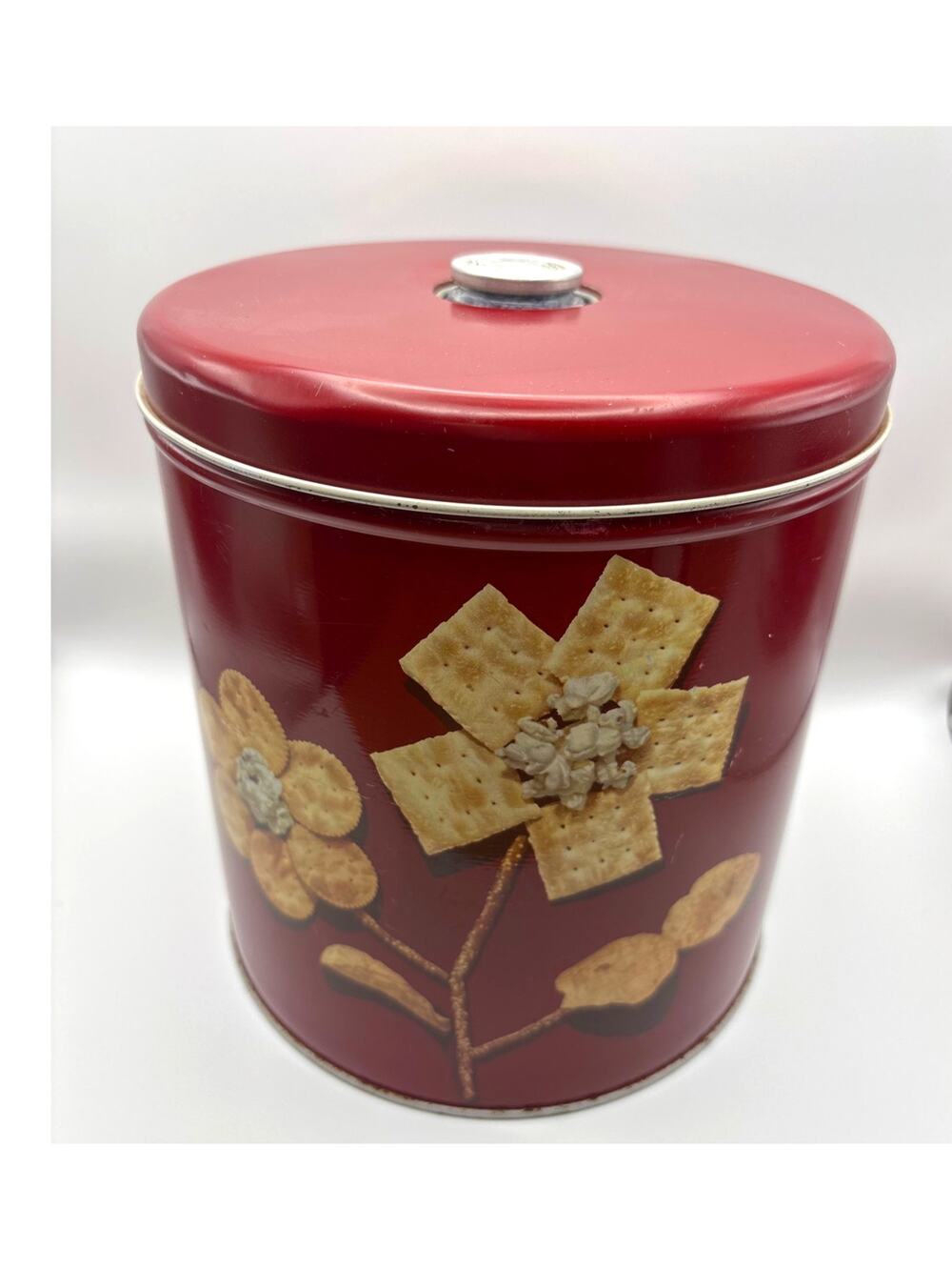 Vintage Blue Magic Krispy Kan Red Metal Cracker Snack Storage Kitschy Decor